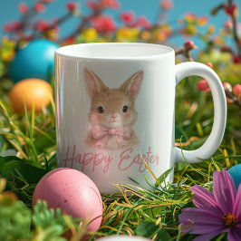 Taza De Café Conejo de Acuarela con Lazo Rosa | Conejito de Pas