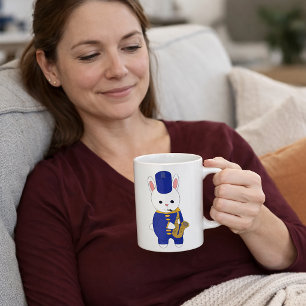 Taza De Café Conejo de Banda de Música Tocando Saxofón Azul Bon