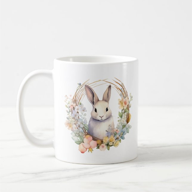 Taza De Café Conejo de conejo con flores de primavera con luz d (Izquierda)