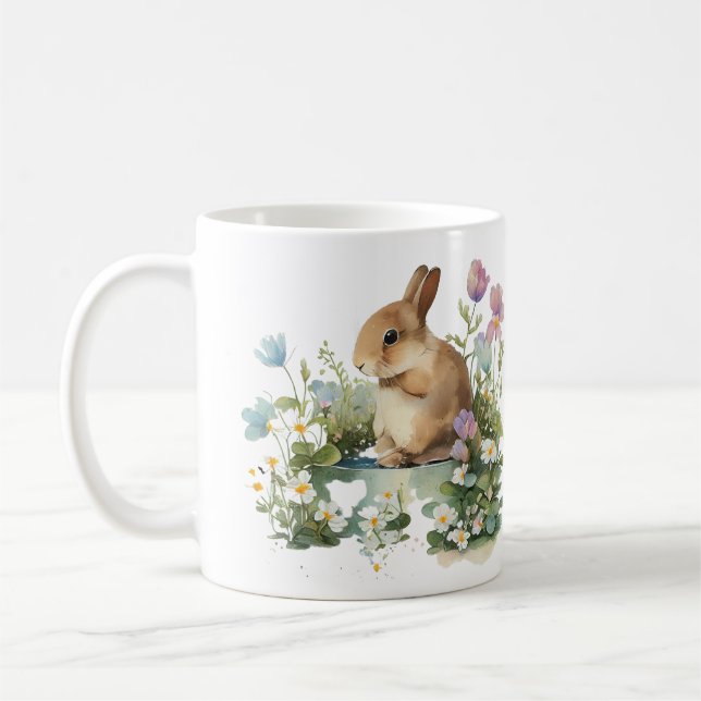Taza De Café Conejo de conejo conejo bebé en maceta de flores (Izquierda)