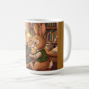 Taza De Café Conejo de dibujos animados escribiendo en una máqu