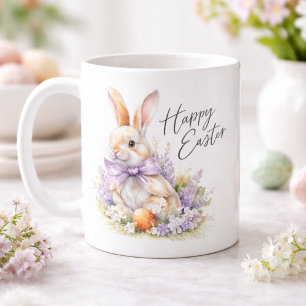 Taza De Café Conejo de Pascua acuarela Lila Púrpura Feliz Pascu