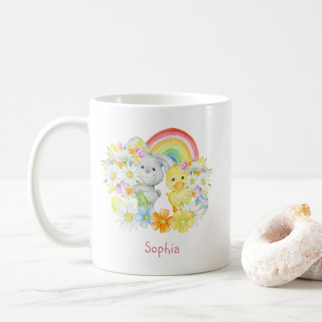 Taza De Café Conejo de Pascua con Arcoiris y Chick (Con donut)
