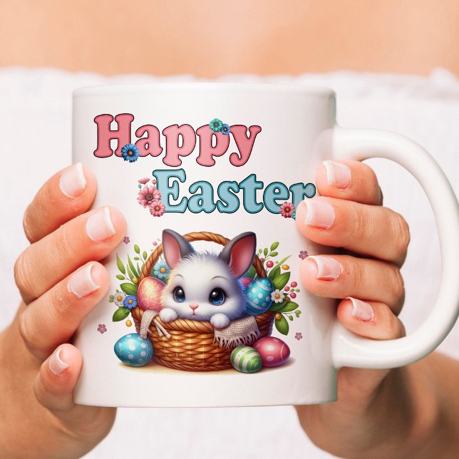 Taza De Café Conejo de Pascua con huevos y flores (Cute Easter Bunny in Basket with Eggs and Flowers. Coffee Mug)