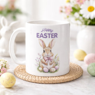 Taza De Café Conejo de Pascua de Acuarela Floral Púrpura Feliz 