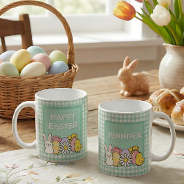 Taza De Café Conejo de Pascua Feliz Huevos Pollito Gingham Verd