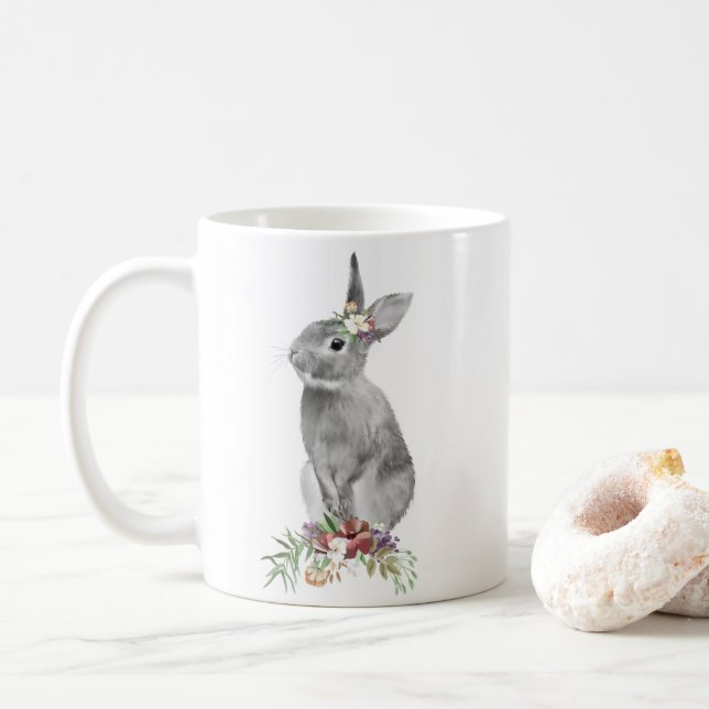 Taza De Café Conejo de Pascua Floral Blanco Negro (Con donut)