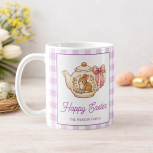Taza De Café Conejo de Pascua Personalizado Tetera Gingham Fami