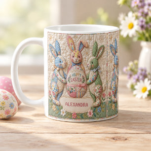 Taza De Café Conejo de Pascua vintage con falso patchwork y nom