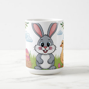 Taza De Café Conejo de Pascua y patito en prado primaveral