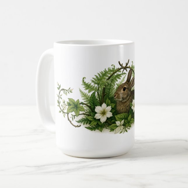 Taza De Café Conejo en follaje floral (Anverso izquierdo)
