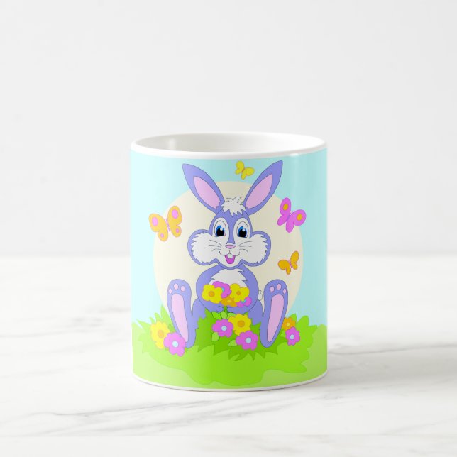 Taza De Café Conejo Feliz Mariposas Flores Conejito Morado Lind (Centro)