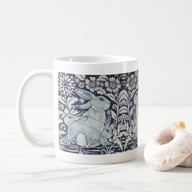 Taza De Café Conejo Floral Floral Familia Rabbit Azul y Blanco (Con donut)