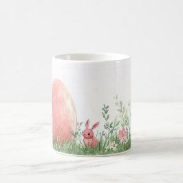 Taza De Café Conejo rosa y Huevo de Pascua en pradera floral -