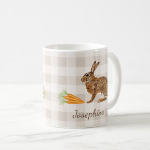 Taza De Café Conejo Rústico y Zanahorias con Nombre en Cuadros