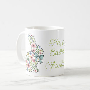Taza De Café Conejos de Pascua de flores silvestres rosadas y a