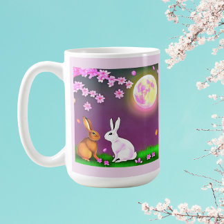 Taza De Café Conejos Sakura bajo cerezos y luna rosa