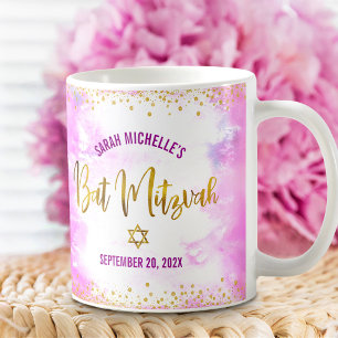 Taza De Café Confeti de Bat Mitzvah Rosa Aquarela Escritura Dor