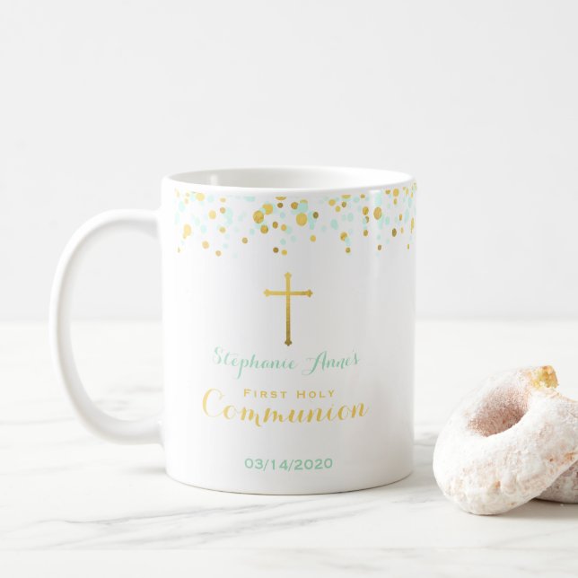 Taza De Café Confeti de la menta y del oro de la comunión (Con donut)