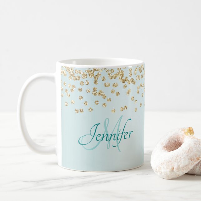 Taza De Café Confetti Purpurina de oro sobre el verde del mar (Con donut)