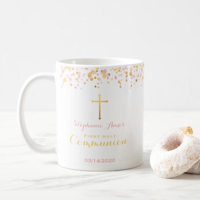 Taza De Café Confetti rosa y oro de la comunión (Con donut)