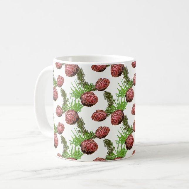 Taza De Café Conos de flores y ramas sobre blanco. (Anverso izquierdo)