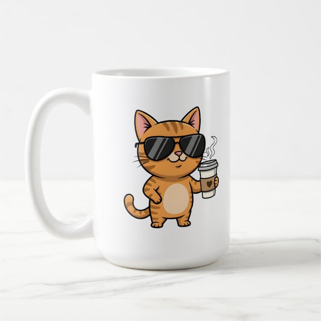 Taza De Café Cool Cat with Coffee – Funny Cartoon Art (Izquierda)