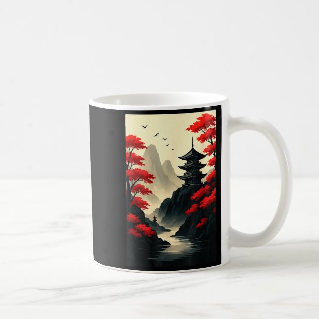 Taza De Café Cool Japanese Pagoda Castle Mountain Landscape Gra (Derecha)