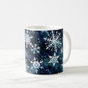 Taza De Café Copo de Nieve Profundo Azul Mágico de Invierno