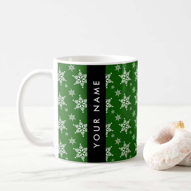 Taza De Café Copos de nieve blancos, verdes, tu nombre, persona (Con donut)