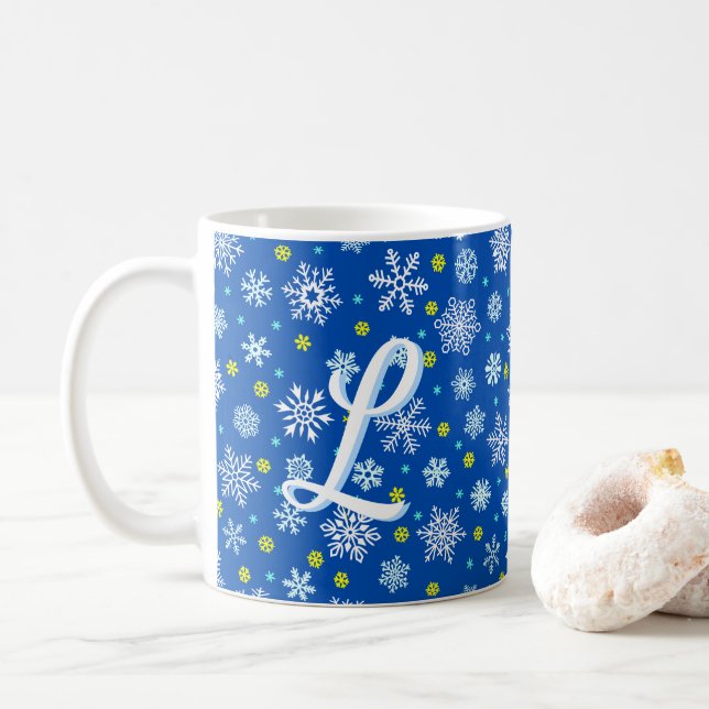 Taza De Café Copos de nieve Marina Azul Elegante guión azul Mon (Con donut)