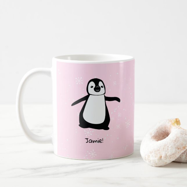 Taza De Café Copos de nieve pingüino rosado lindo personalizado (Con donut)