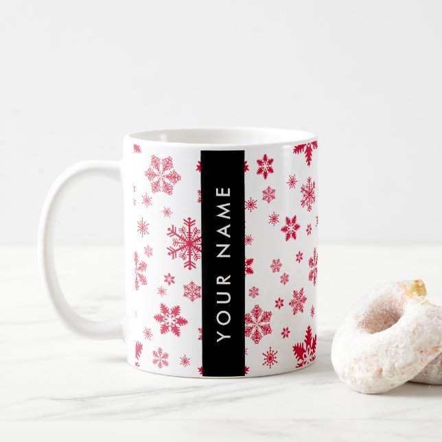 Taza De Café Copos de nieve rojos, tu nombre, personaliza (Con donut)