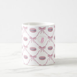 Taza De Café Coquette Bow y Macarons iniciales de la chica rosa