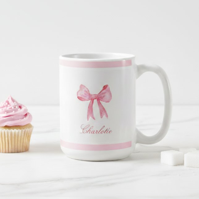 Taza De Café Coquette Pink Bow (pink coquette bow mug with custom name in script caliigraphy, personalized birthday gift for girls)