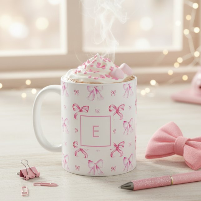Taza De Café Coquette Pink Bow Preppy Girly Monogram (Subido por el creador)