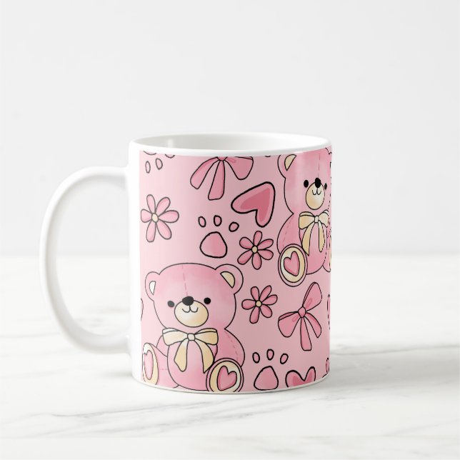 Taza De Café Coquette Pink Teddy Bear Seamless Pattern (Izquierda)