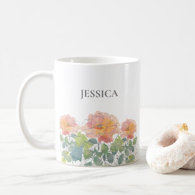 Taza De Café Coral acuarela Floral Hojas Verdes Nombre (Con donut)