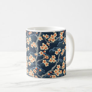 Taza De Café Coral Crema Sakura Azul Marino Patrón Floral