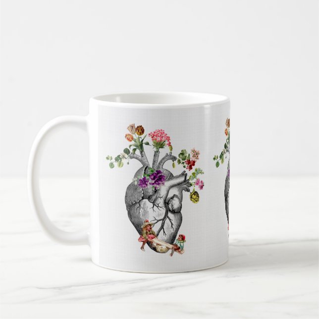 Taza De Café Corazón anatómico y flores Prin cardíaco anatómico (Izquierda)