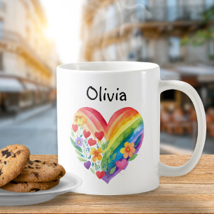 Taza De Café Corazón Arcoíris Acuarela Personalizado