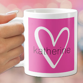 Taza De Café Corazón blanco en monograma rosa caliente