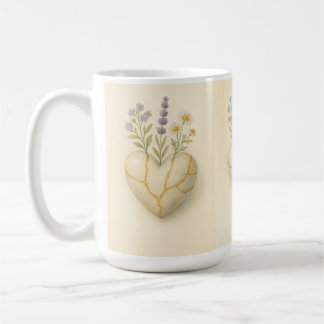 Taza De Café Corazón de Acuarela de Flor Silvestre Kintsugi