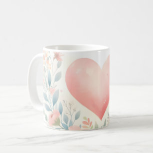 Taza De Café Corazón de acuarela suave amor flores pájaros