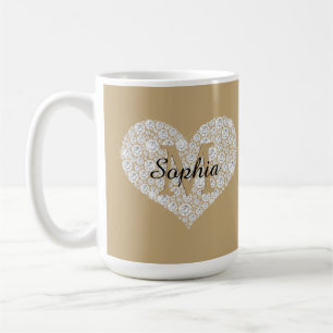 Taza De Café Corazón de diamante grande, monograma de oro, nomb