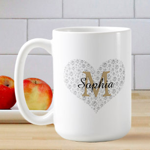 Taza De Café Corazón de diamante grande, monograma de oro, nomb