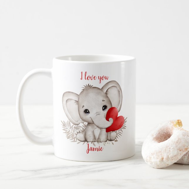 Taza De Café Corazón de elefante lindo Valentín amor personaliz (Con donut)