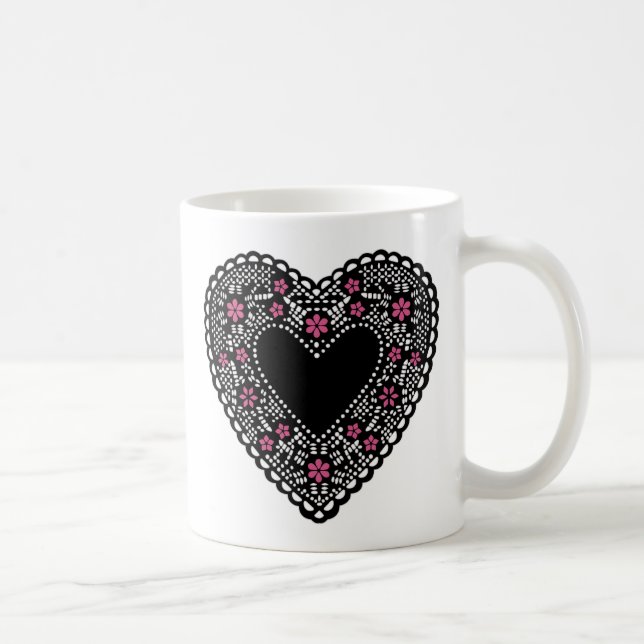 Taza De Café Corazón de encaje negro y rosa (Derecha)