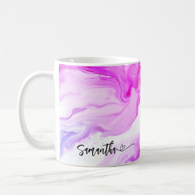 Taza De Café Corazón de nombre fluido personalizado mármol púrp (Izquierda)
