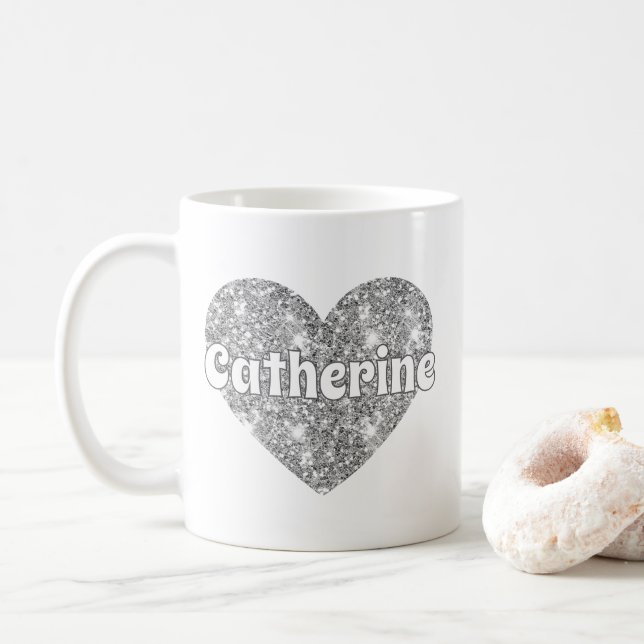Taza De Café Corazón de Purpurina de Plata Glam Girly con Nombr (Con donut)